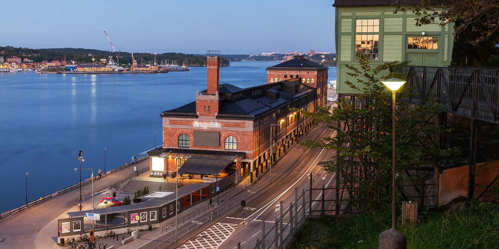 Fotografiska on the water seen from above during night